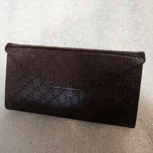 Authentic Gucci Brown Leather Folding Glasses Holder Logo Embossed GG Monogram